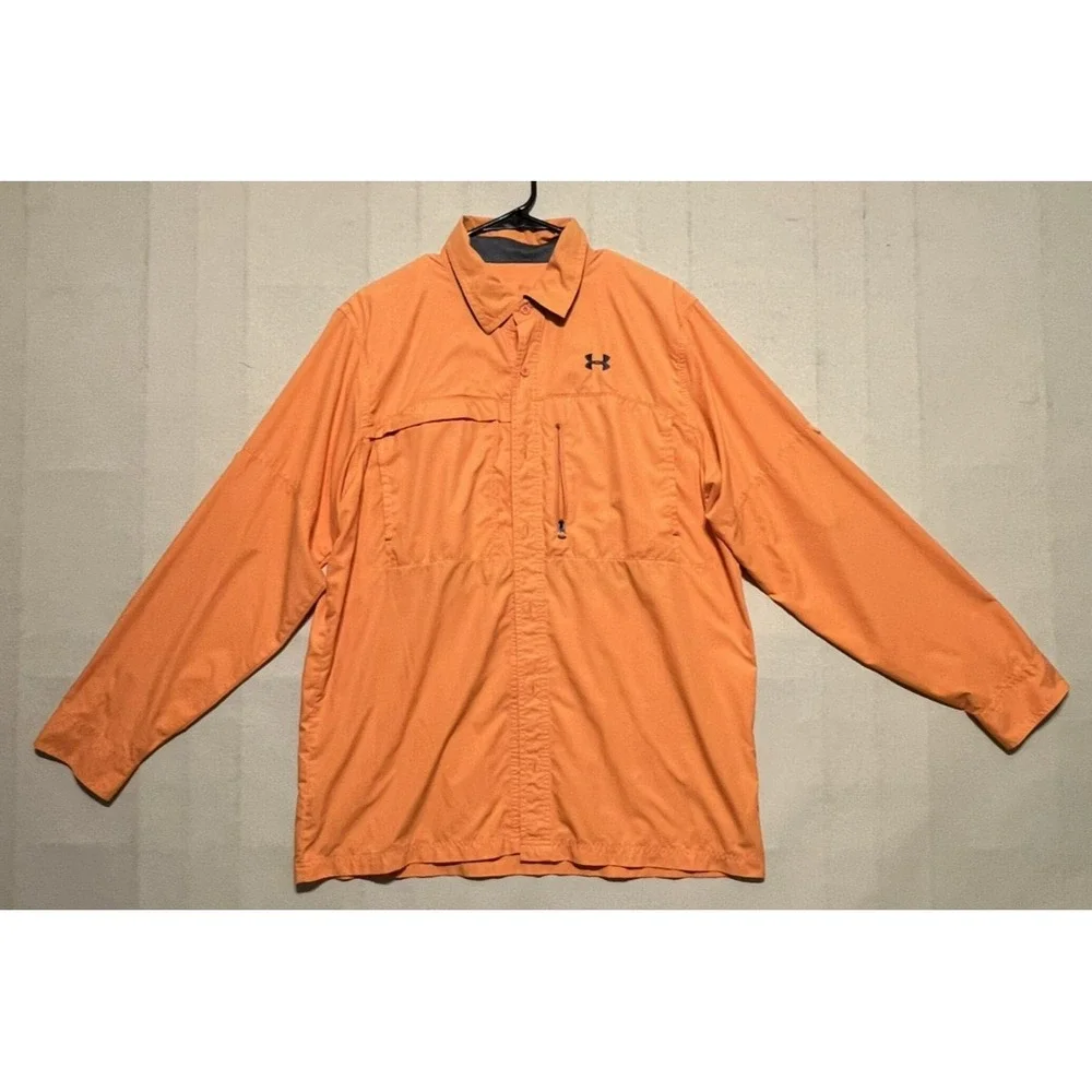 Under Armour Mens Fishing Shirt Orange Long Sleeve Roll Tab Button Up Large